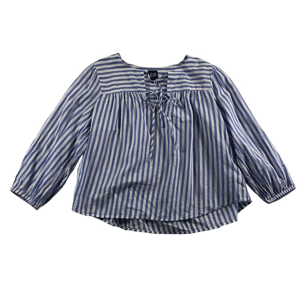 GAP Blue White Striped Cotton Peasant Blouse Split Tie Neck Small Relaxed Fit